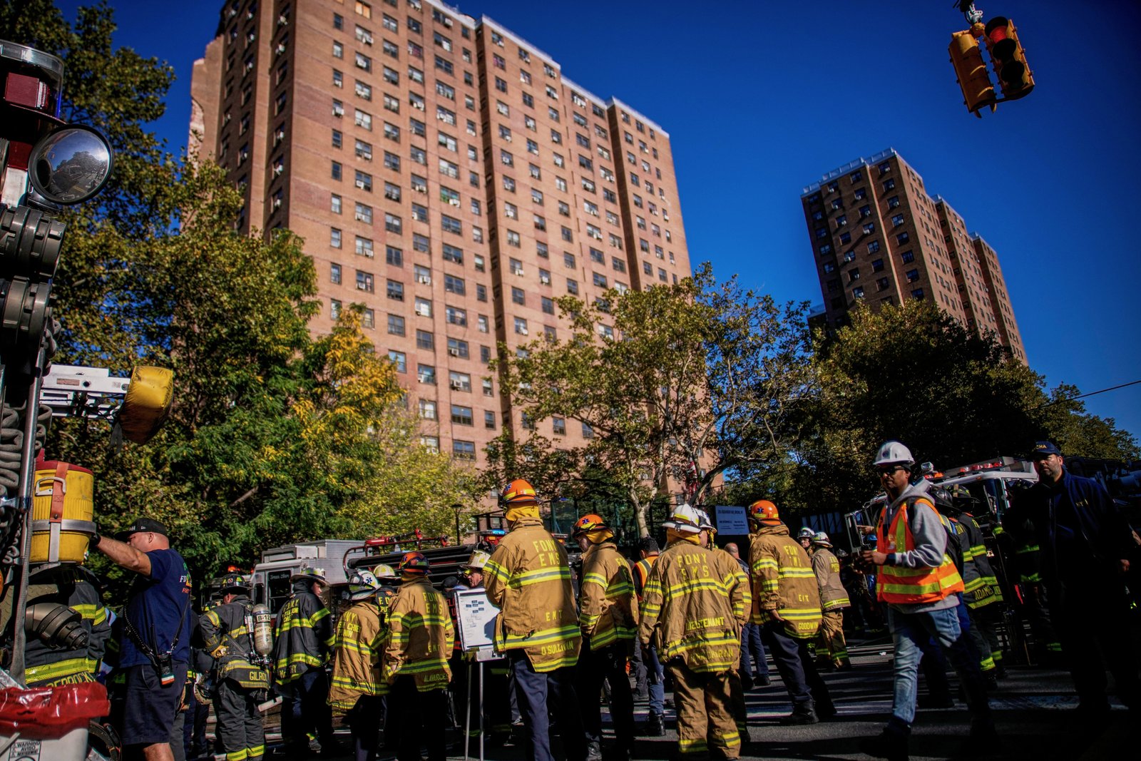 Firefighting New York's Bronx Boro, Wednesday, on 1 October 2025 near the site of the collapse of a building.