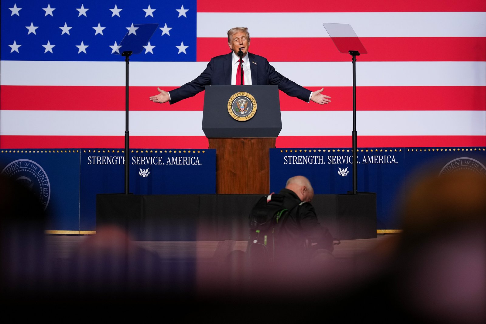 Donald Trump talks to senior military leaders at Marine Corps Base Quantico in Quantico, Virginia on 30 September, 2025. A retired general said that the President has said 'inconsistent, tired and ... many times stupid.