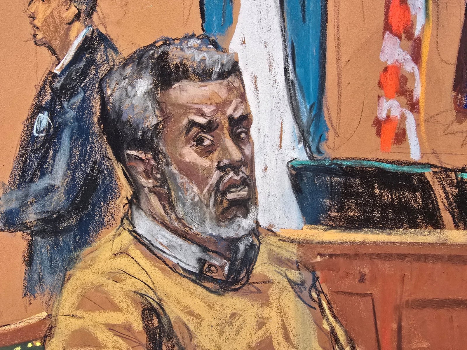 A court room sketch has heard the scene 'Dedi' Comombs as Judge Arun Subramanian