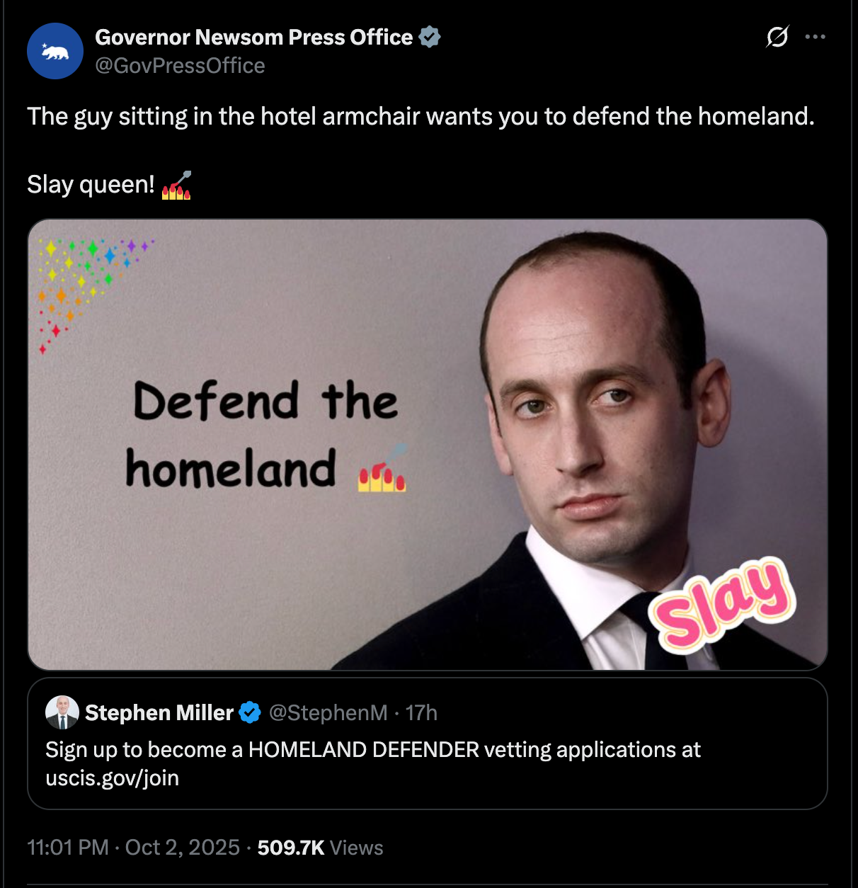 Gavin Newsom's press office posted this meme on Thursday, after posting the AI-Janit image of President Donald Trump as Mary Antonate a day later