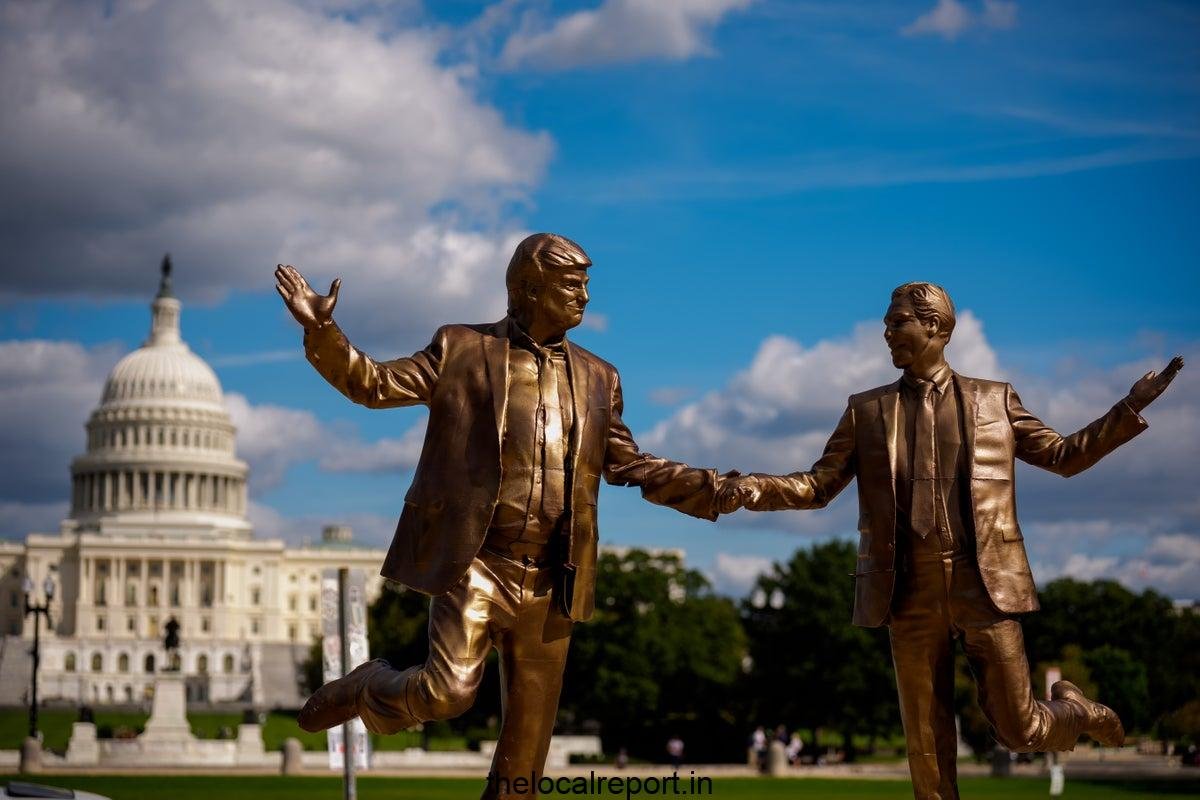 Statue of Trump and Epstein mysteriously holding hands on the national mall