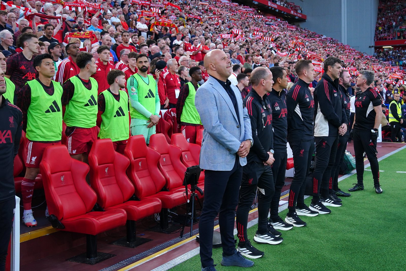 Liverpool's manager Arne Slot (Center) stood during a minute's silence in memory of Diogo Jota (Peter Bayron/PA)