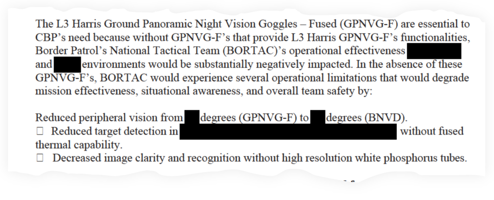 A partially redacted snipet theu.s. L3 Customs and Border Security for Harris Night Vision Goggles 'J&A'