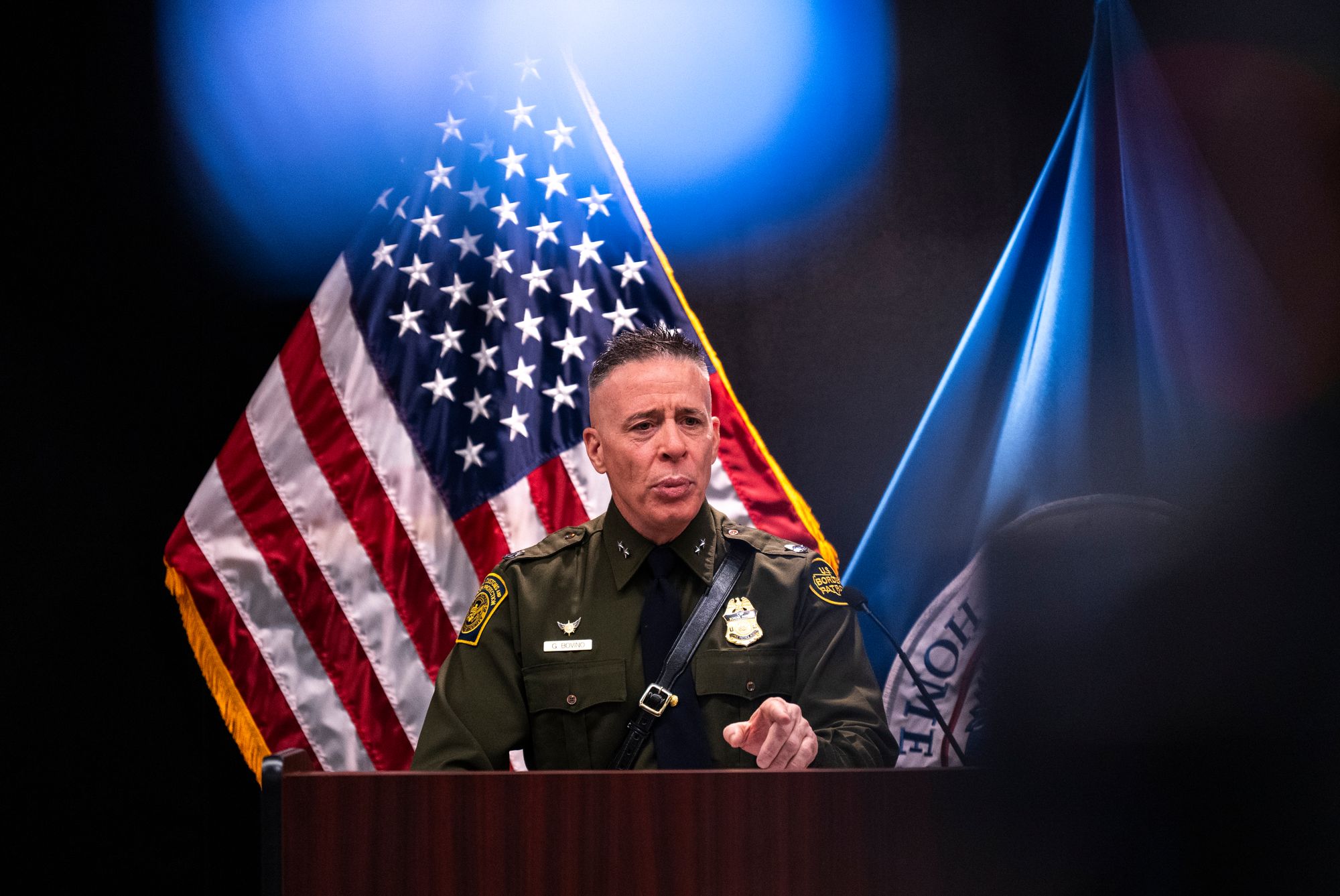 Border Patrol Commander Gregory Bovino speaks during a news conference with Confederate Bishop Henry Whipple in Minneapolis, Minnesota