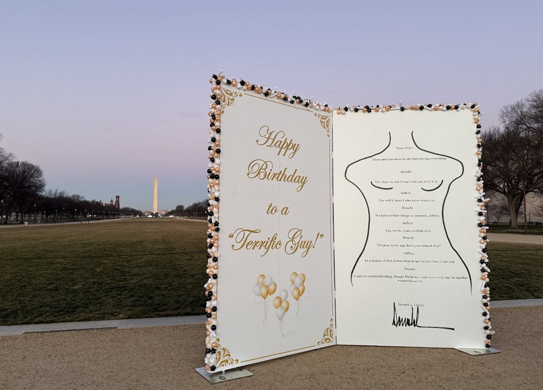 A ten-foot-tall mockup of a birthday card from Donald Trump to Jeffrey Epstein reportedly appeared on the National Mall in Washington, D.C. overnight