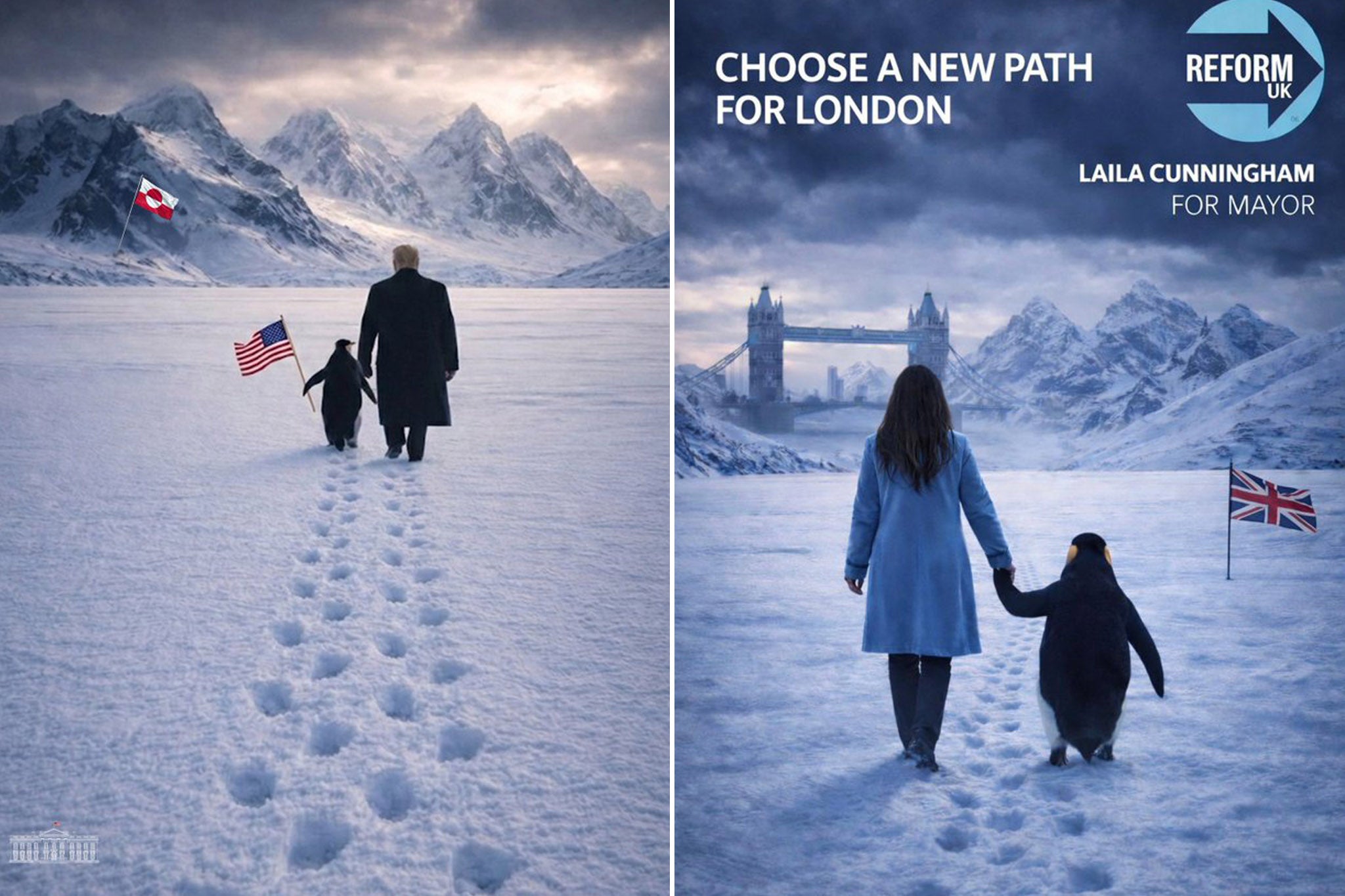 An AI-generated image of Donald Trump released by the White House (left) appears to have inspired Laila Cunningham to post a similar photo (right)