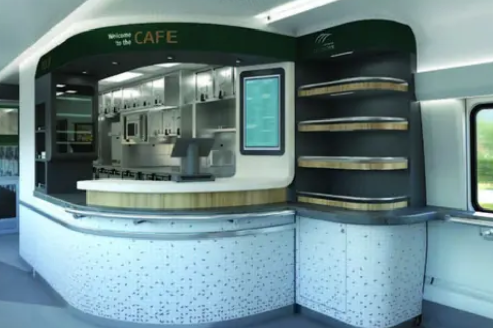 A total of 83 new Airo trains will be rolled out across the United States. This image shows Airo's new on-board cafe