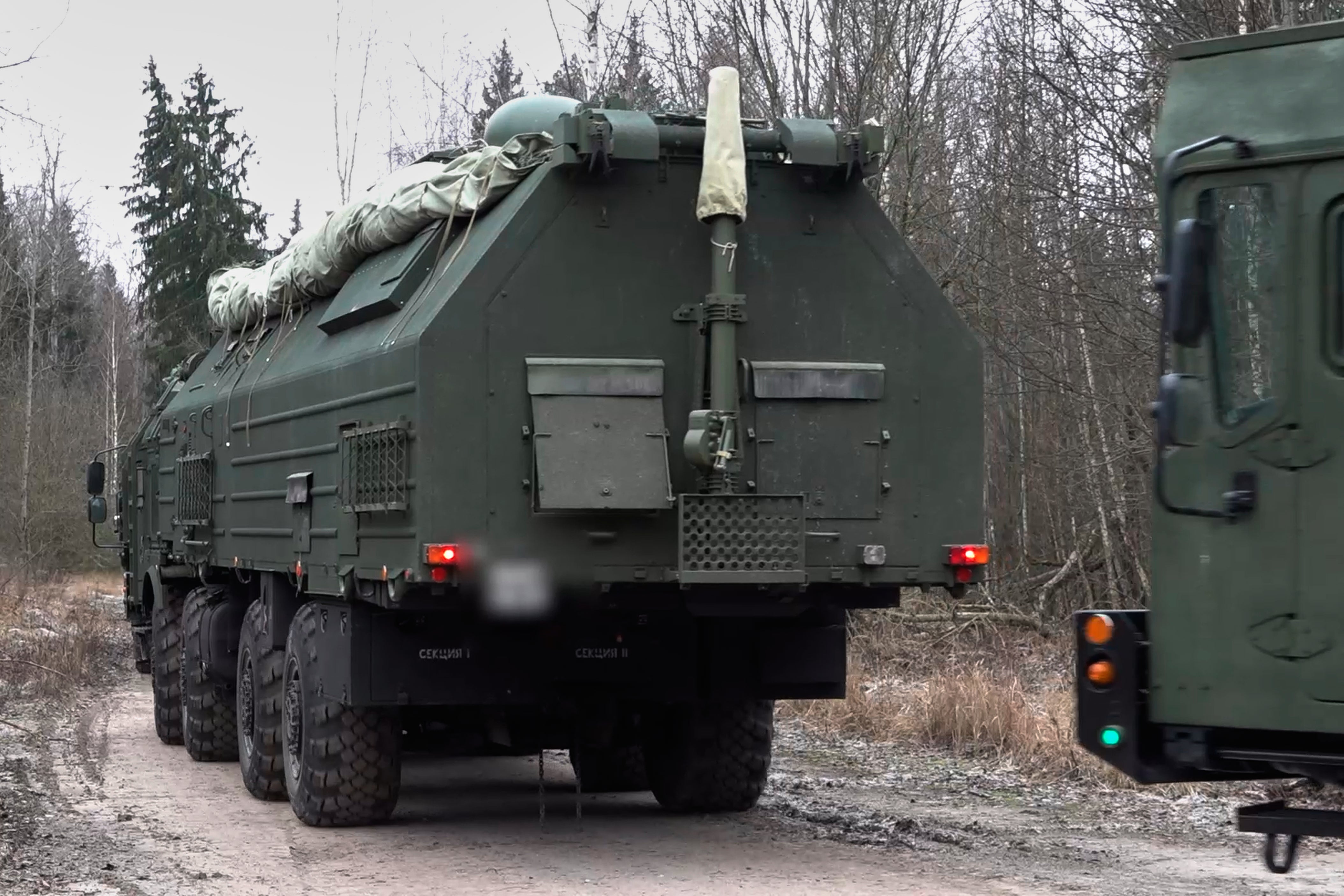 In this image based on a video provided by the Russian Defense Ministry Press Service on Monday, December 29, 2025, Russia's Oreshnik missile system is seen undergoing training at an undisclosed location in Belarus. (Press Service of the Russian Ministry of Defense, Associated Press)