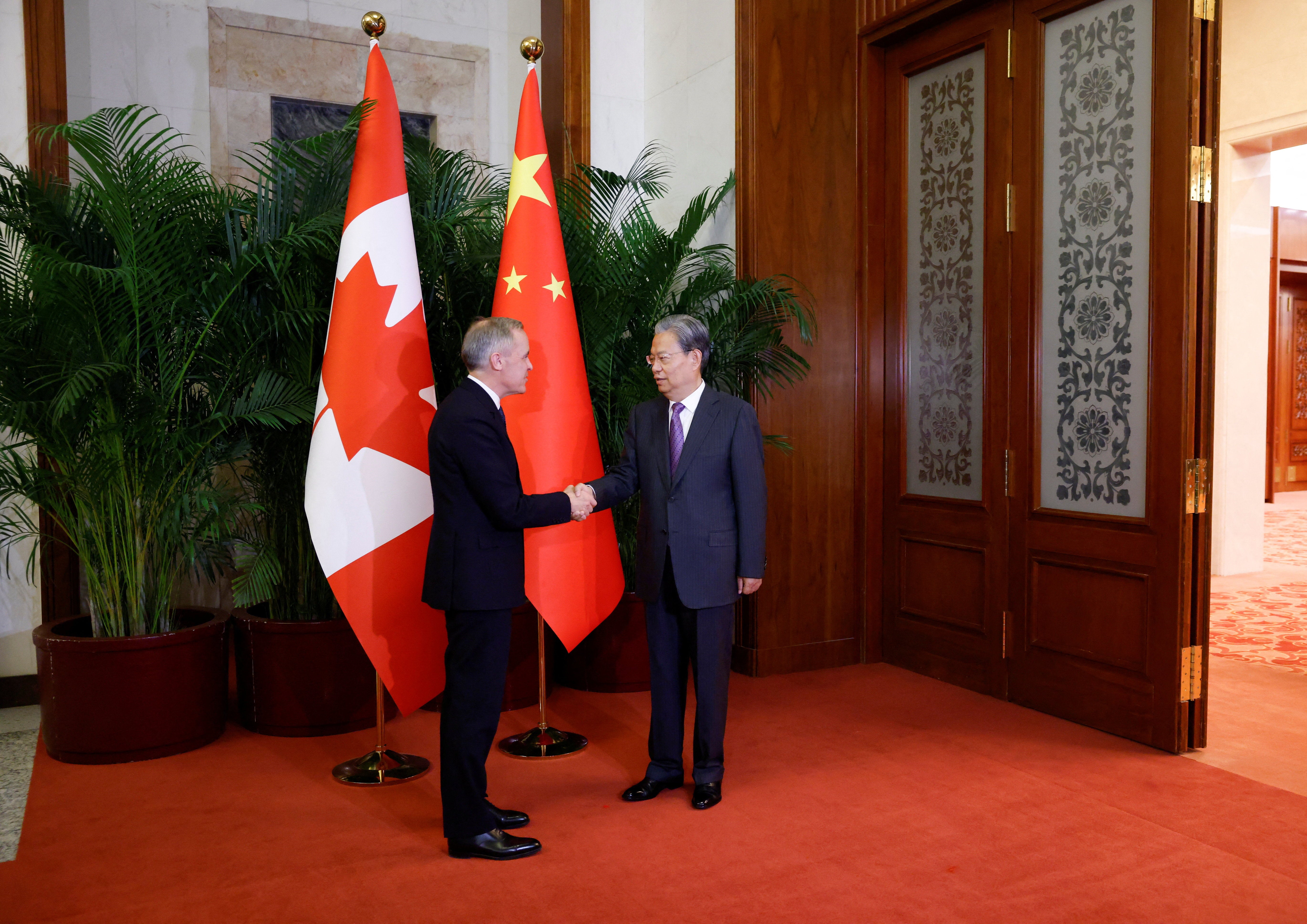 Carney met with Zhao Leji, chairman of the Standing Committee of China's National People's Congress, at the Great Hall of the People in Beijing on Thursday, marking the first visit by a Canadian prime minister to China since 2017.