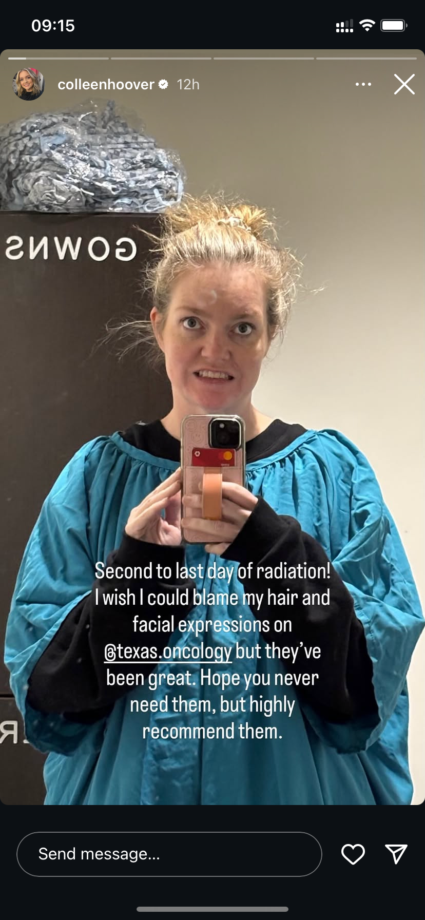 Hoover tells fans she has one more day of radiation treatment