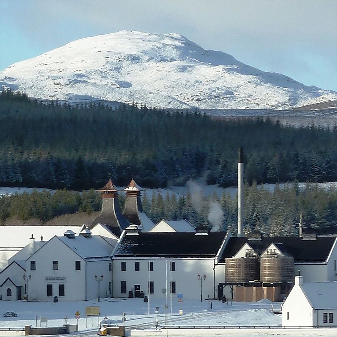 Snow scene at Dalwhinnie Distillery