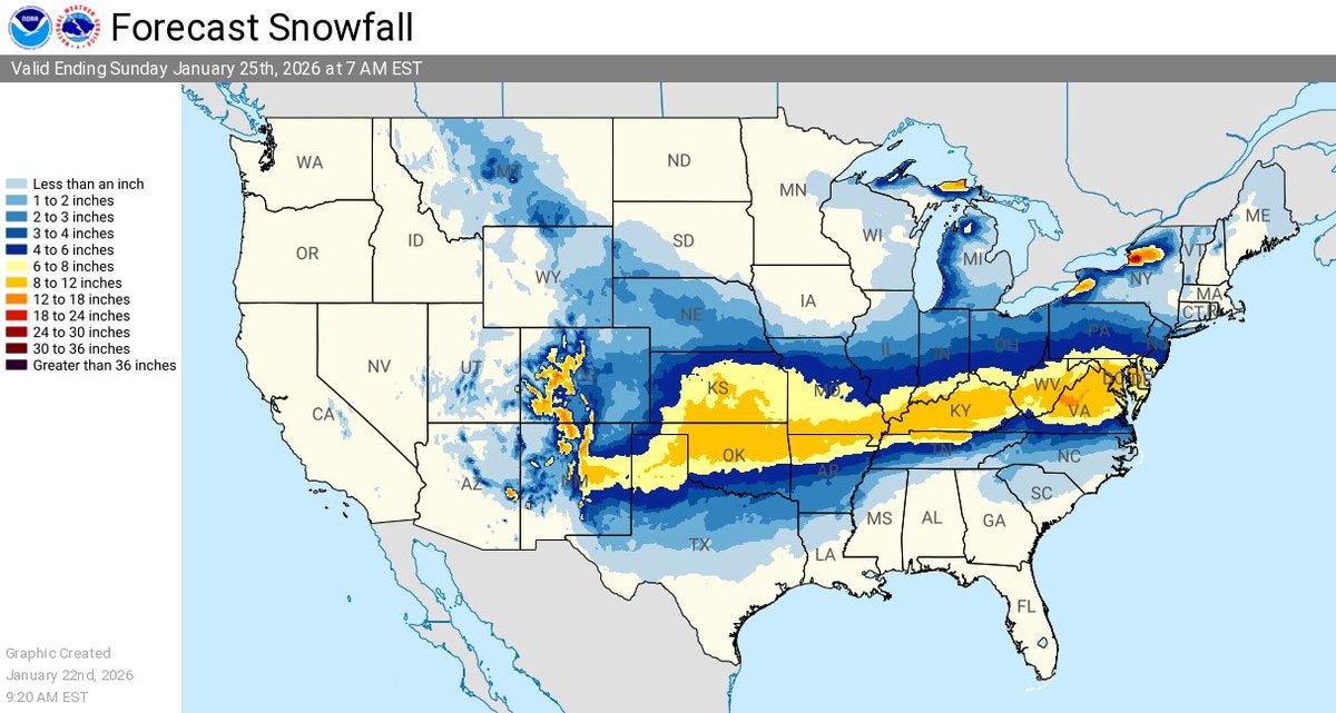 Areas in several states could see a foot or more of snow this weekend