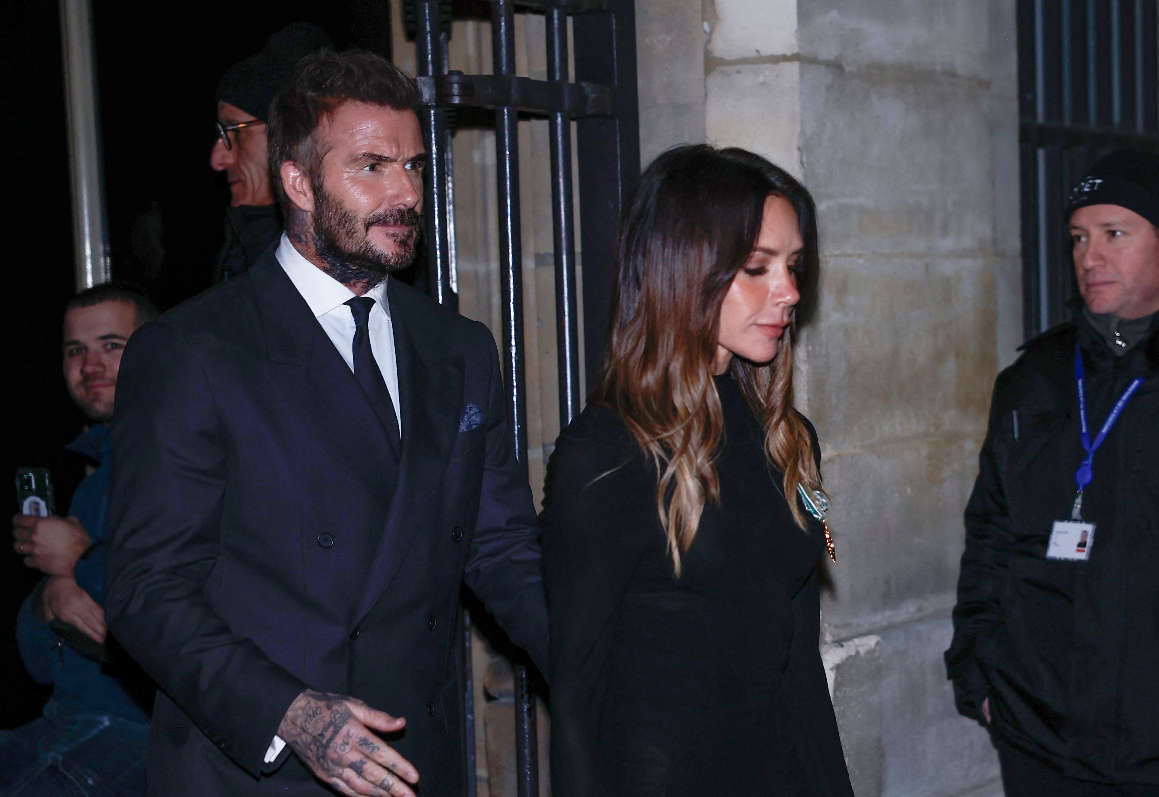 David and Victoria Beckham leave a ceremony at the Ministry of Culture in Paris on January 26, 2026, a week after their son Brooklyn made an explosive public statement