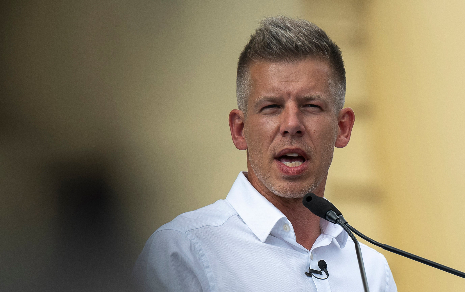 Péter Magyar speaks at a campaign rally in the Hungarian rural city of Debrecen.
