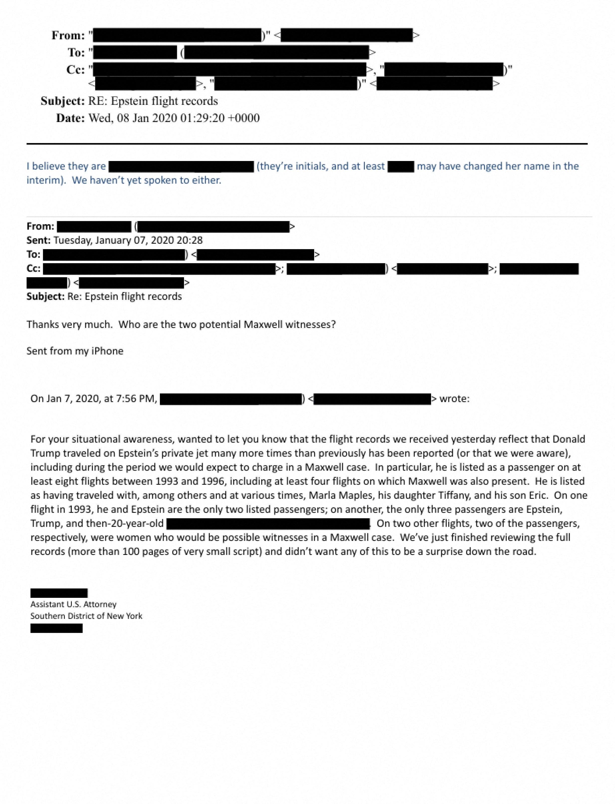 An email discussing Jeffrey Epstein's private jet flight records references Donald Trump in this image released by the U.S. Department of Justice in Washington, D.C., on December 23, 2025