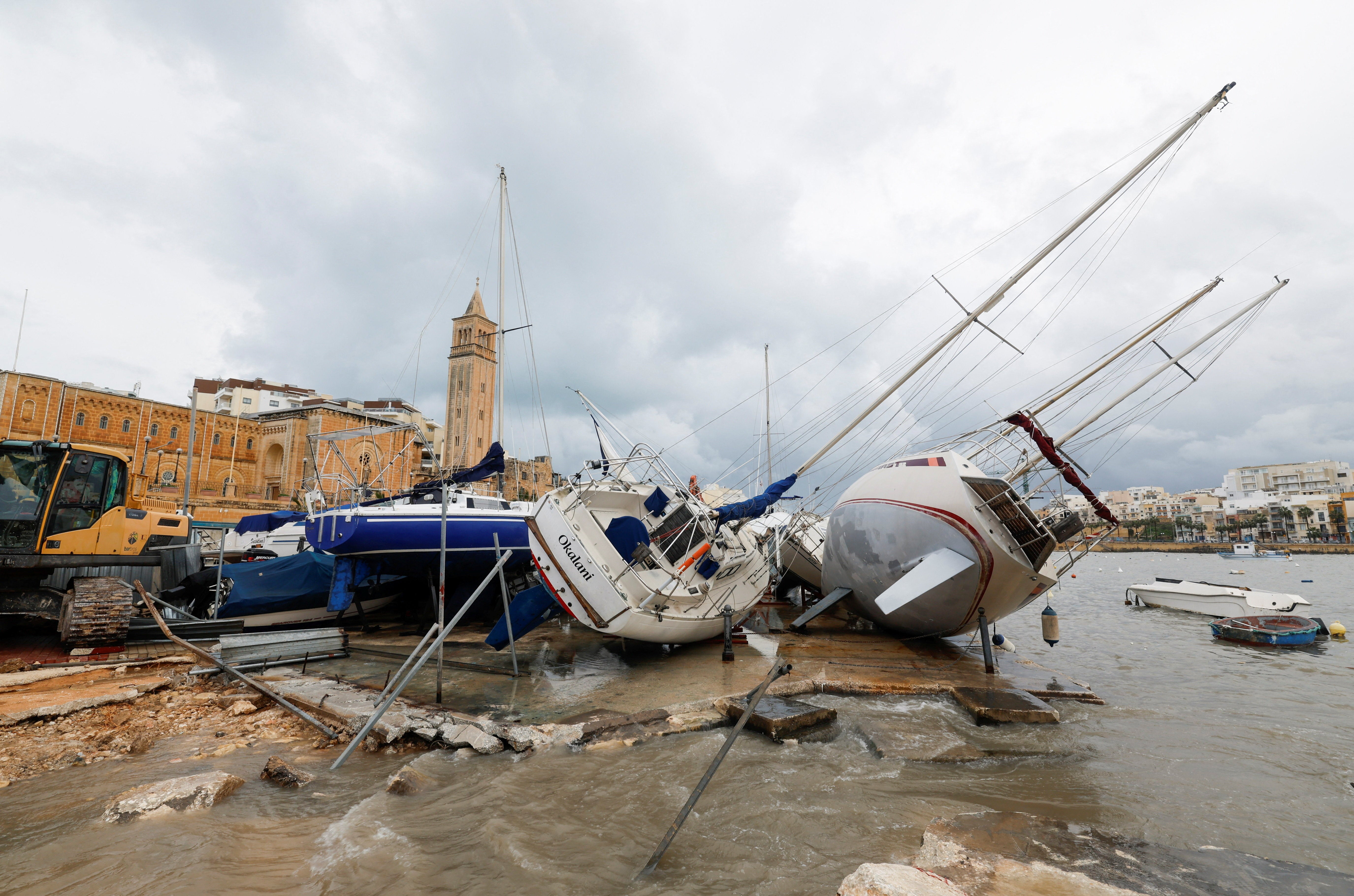 A dockyard in Marsaskala, Malta, was severely hit by Hurricane Harry, and some yachts were overturned by strong winds and huge waves.
