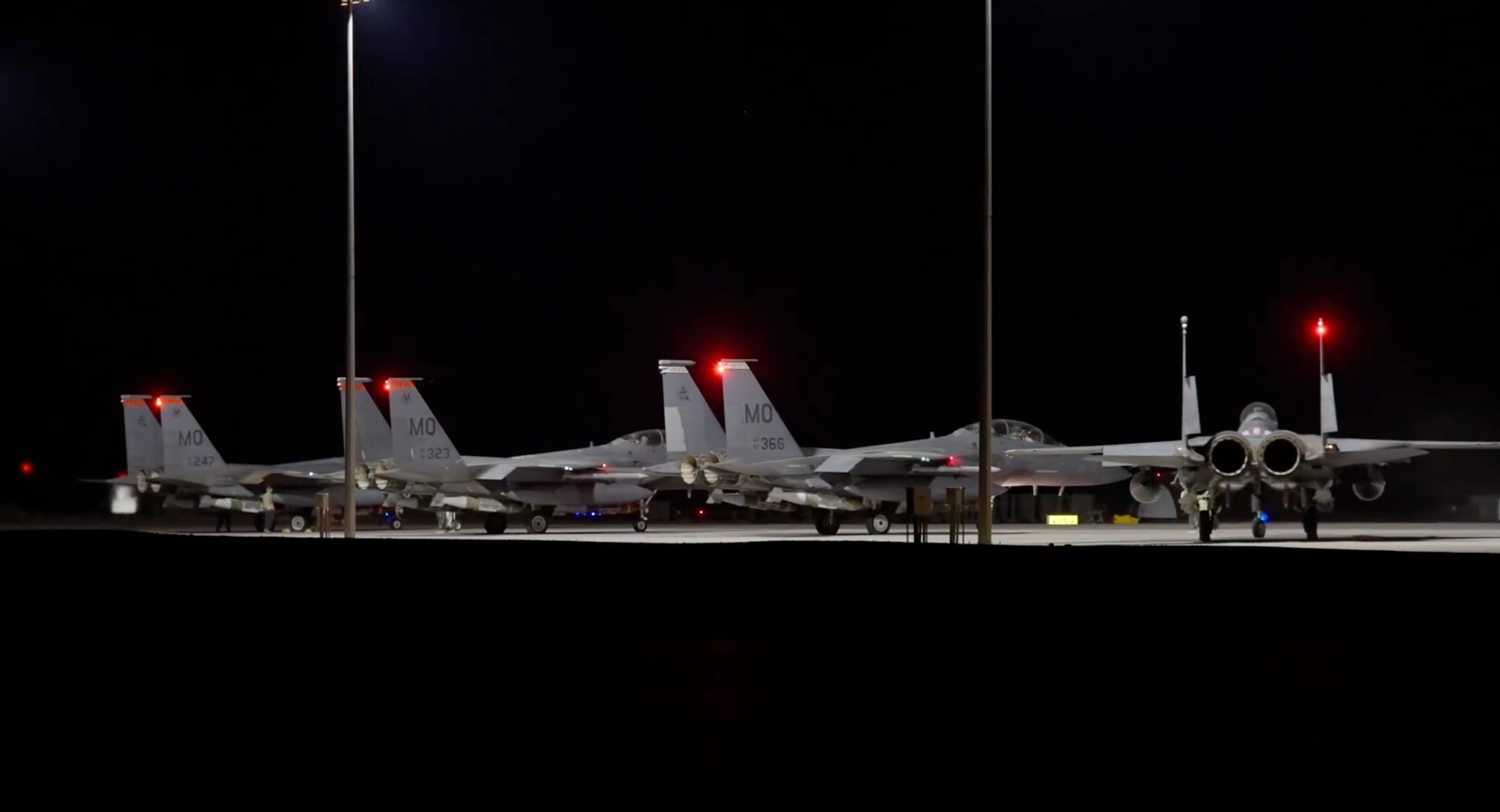 In a video shared by Central Command on Saturday, a U.S. F-15E prepares to take off