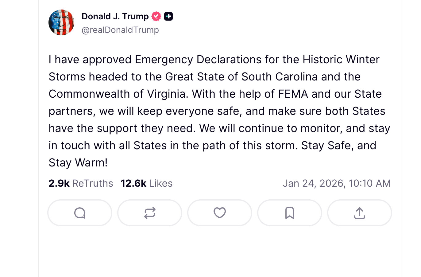 President Donald Trump approves states of emergency for South Carolina and Virginia