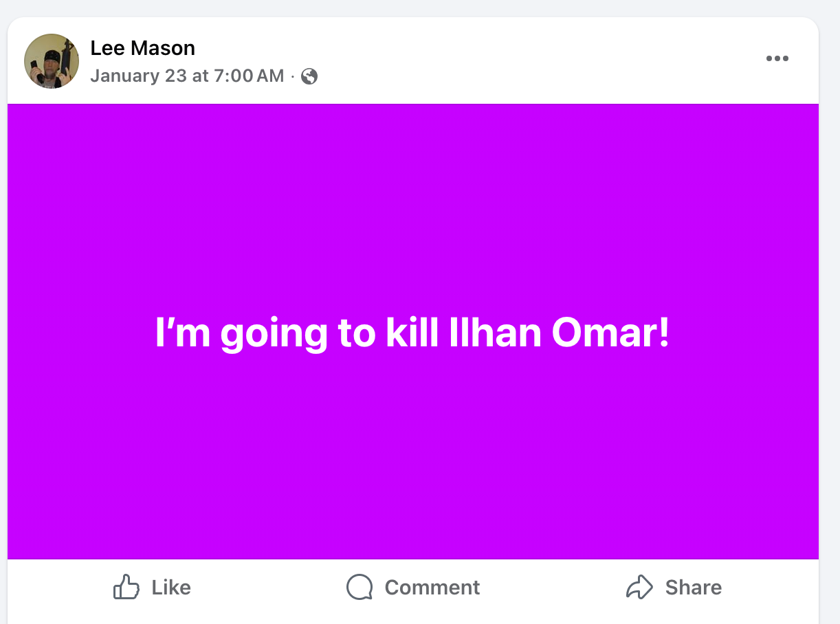 MAGA fan Adam Lee Osbourne posted a death threat on Facebook under a pseudonym claiming he was going to kill Democratic Rep. Ilhan Omar, according to the FBI
