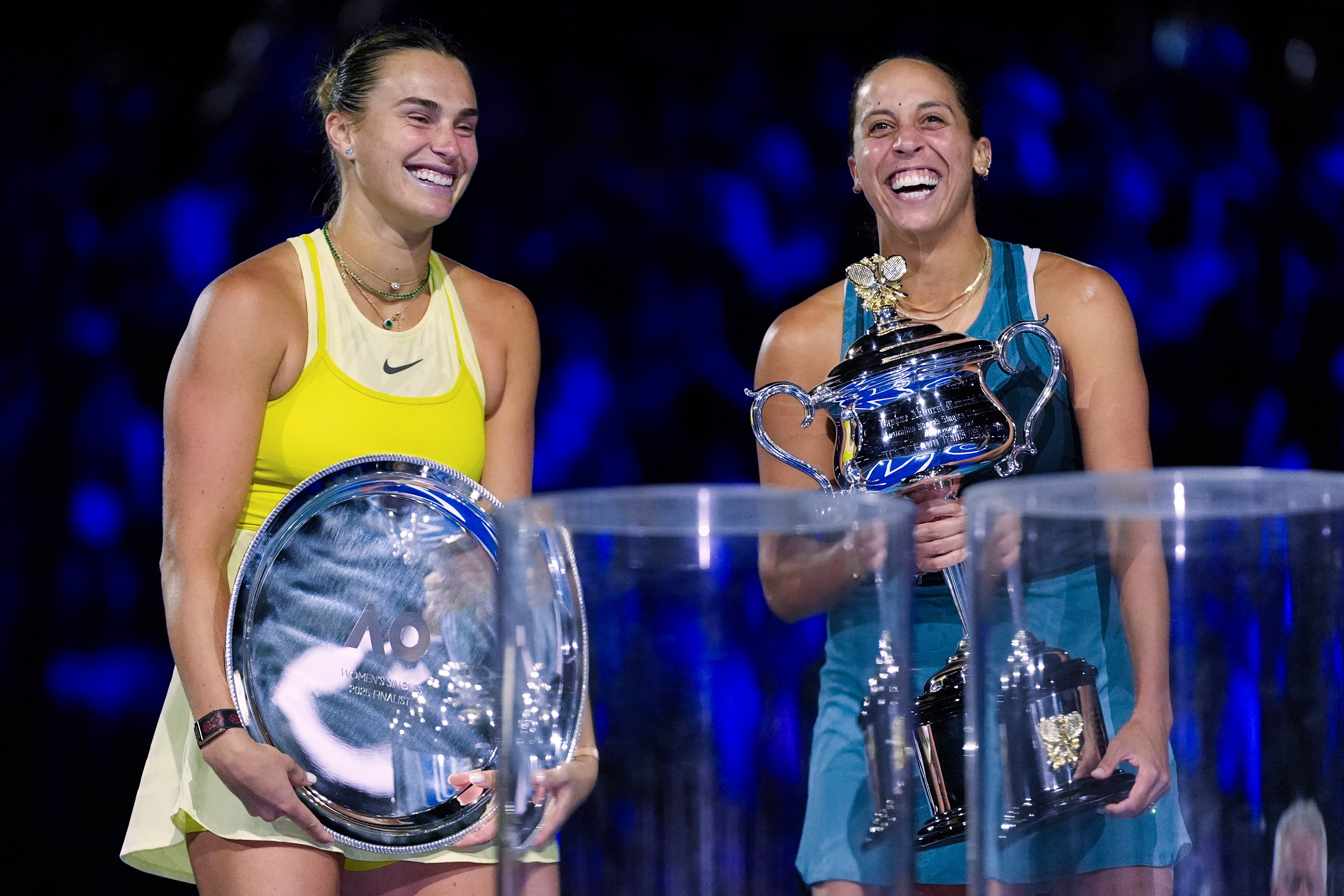 Madison Keys (right) holds the Daphne Akhurst Memorial Cup after defeating Aryna Sabalenka (left) in the 2025 Australian Open women's singles final