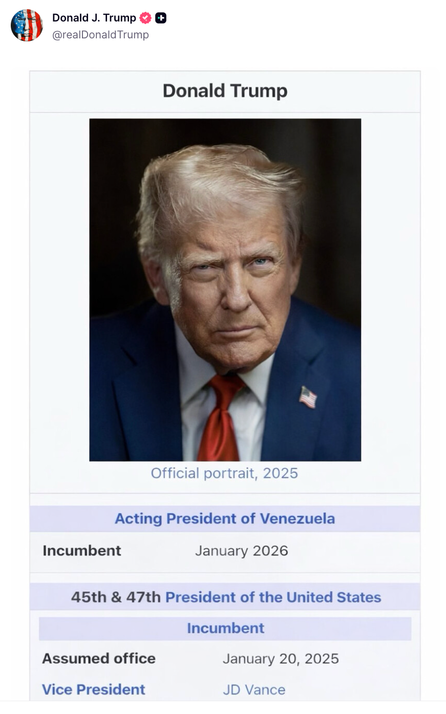 President Donald Trump shared a parody Wikipedia page on Truth Social on January 11, 2026, in which he was referred to as the 