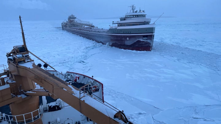 U.S. Coast Guard icebreaker rescues ship stuck in thick ice on Lake Huron