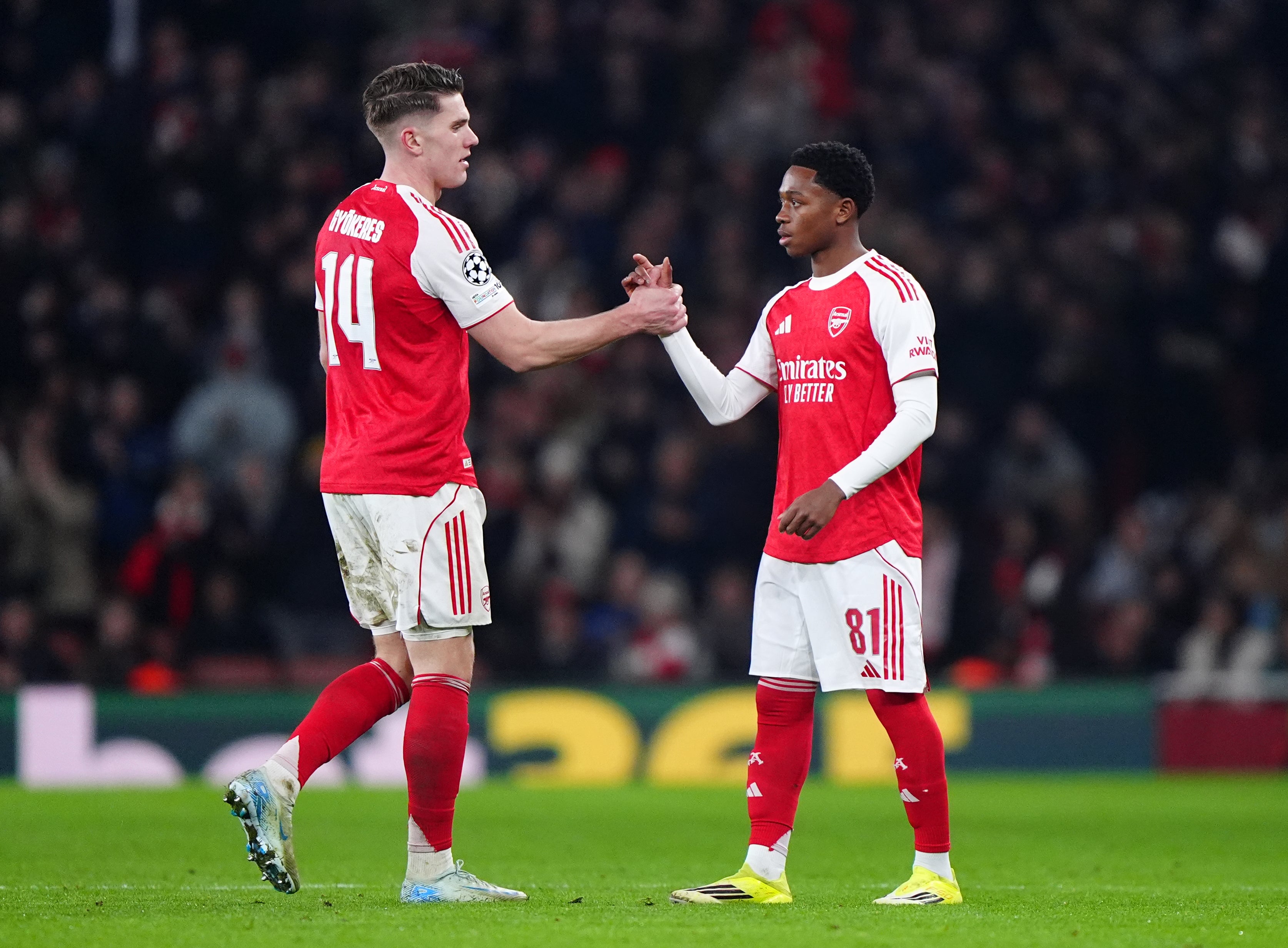 Arsenal player Victor Jacques (left) shakes hands with substitute Brando Bailey-Joseph (Bradley Collier/PA)