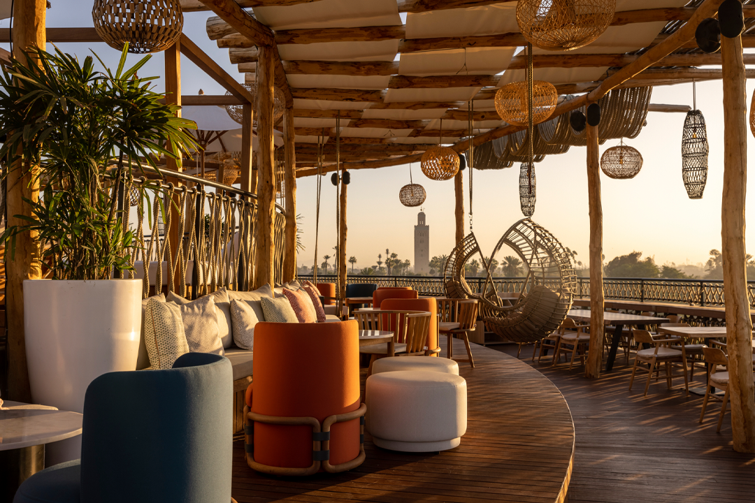 Nobu’s rooftop features a circular swimming pool, a bar with a sushi menu, and a restaurant serving lunch to dinner